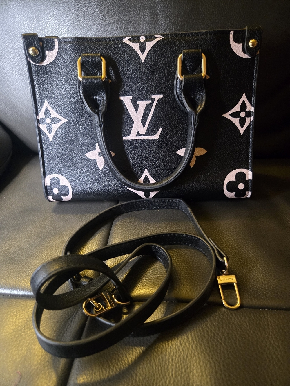 Black & Creme Monogram Satchel with Gold Hardware
